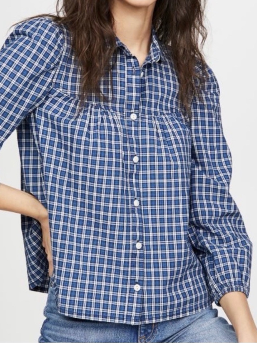 Madewell XXS Plaid Button Front Puff Sleeve Rounded Collar Blouse Top